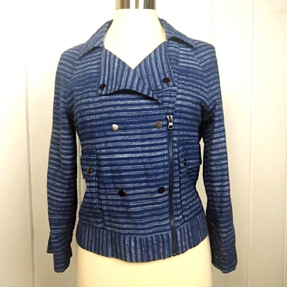 ‎Ann Taylor Loft Blue Striped Cotton Moto Jacket XS